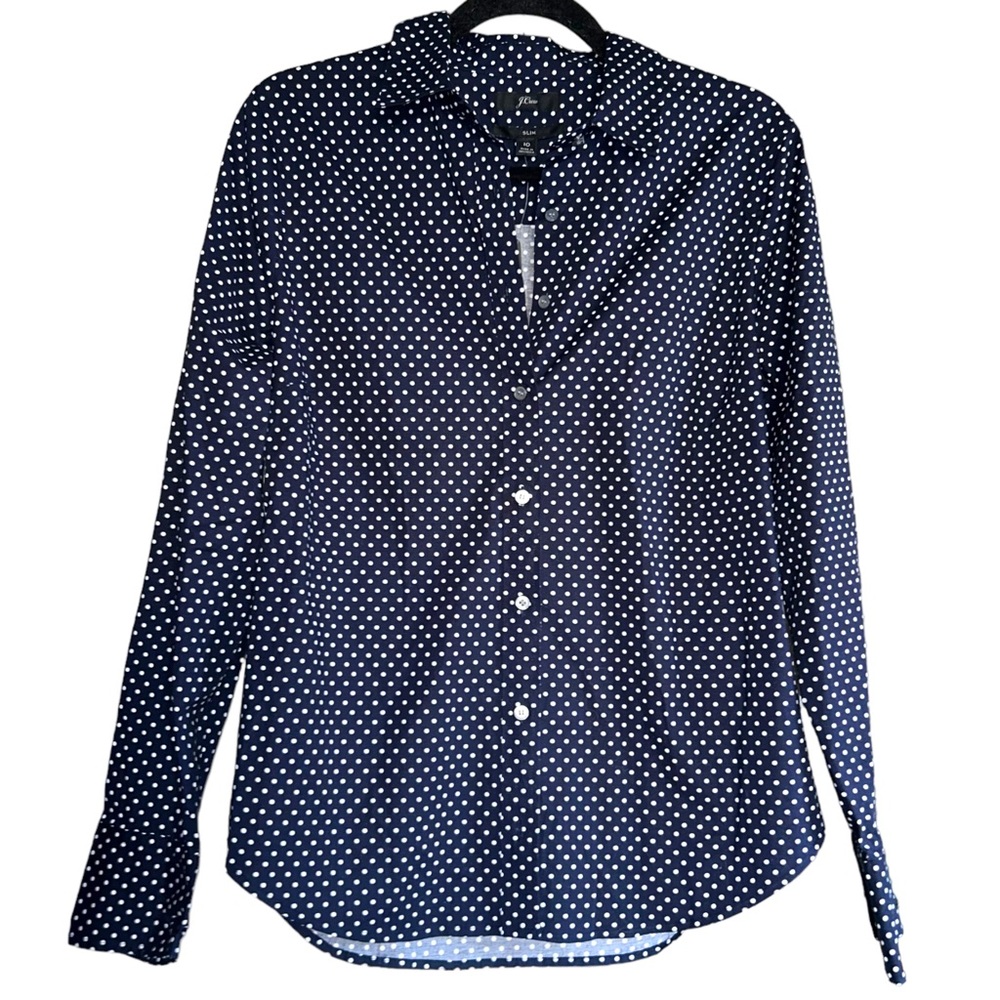 J Crew Navy Polka Dot Button Up Slim Shirt 10 NWT